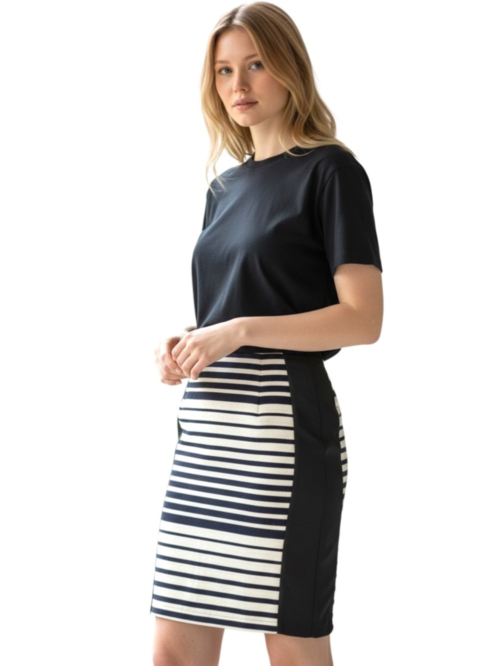 English Factory Black/White Stripe Textured Pencil Skirt (M)